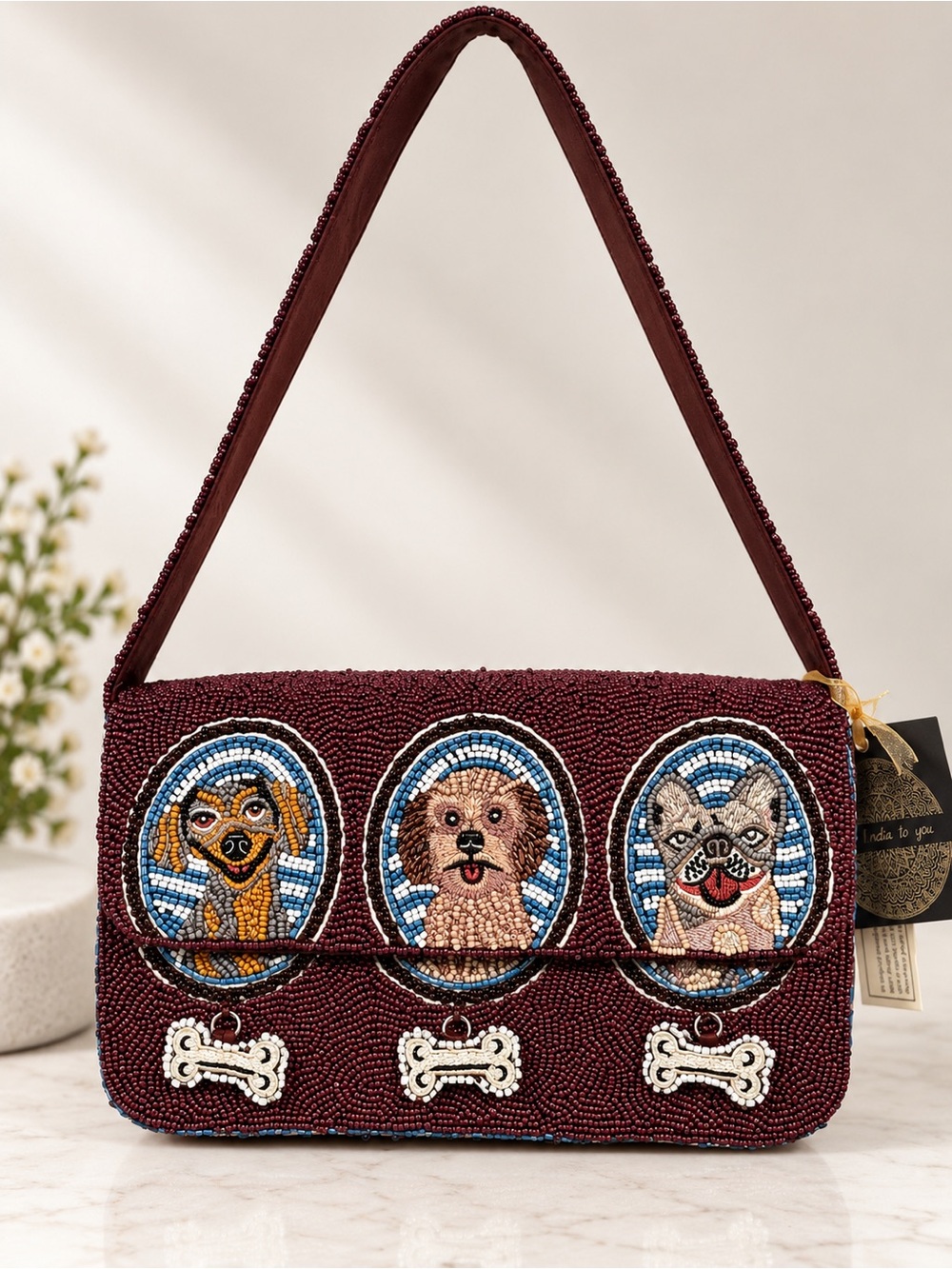 Dog Portrait Beaded Shoulder Bag